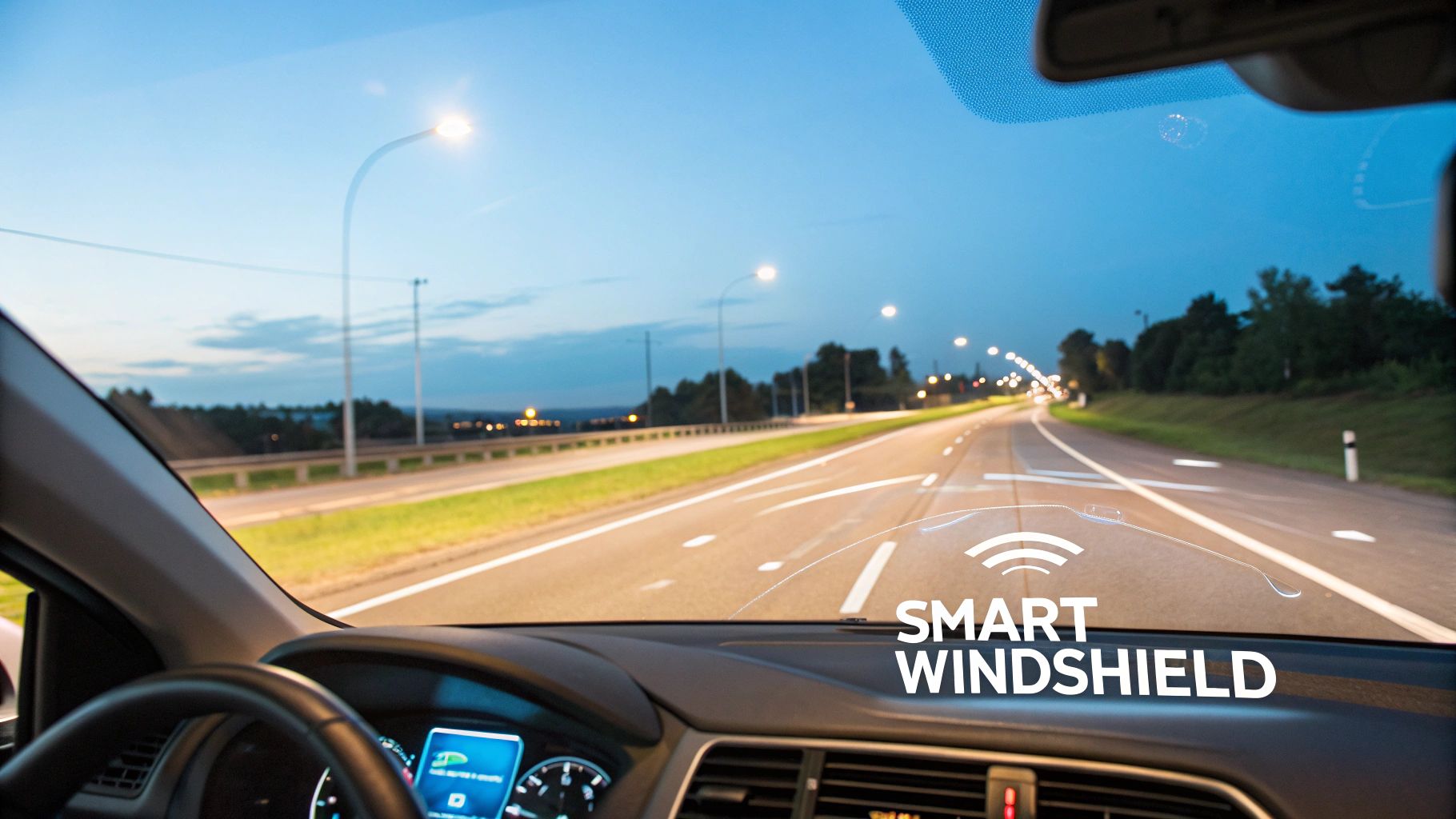 Inside a car, a smart windshield displays augmented reality data on a highway at night.