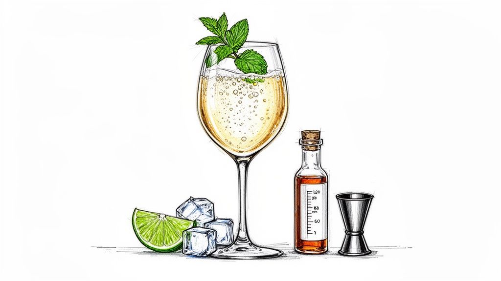 Ilustracja przedstawia szklankę musującego napoju z miętą, kawałek limonki, kostki lodu oraz butelkę syropu z miarką.