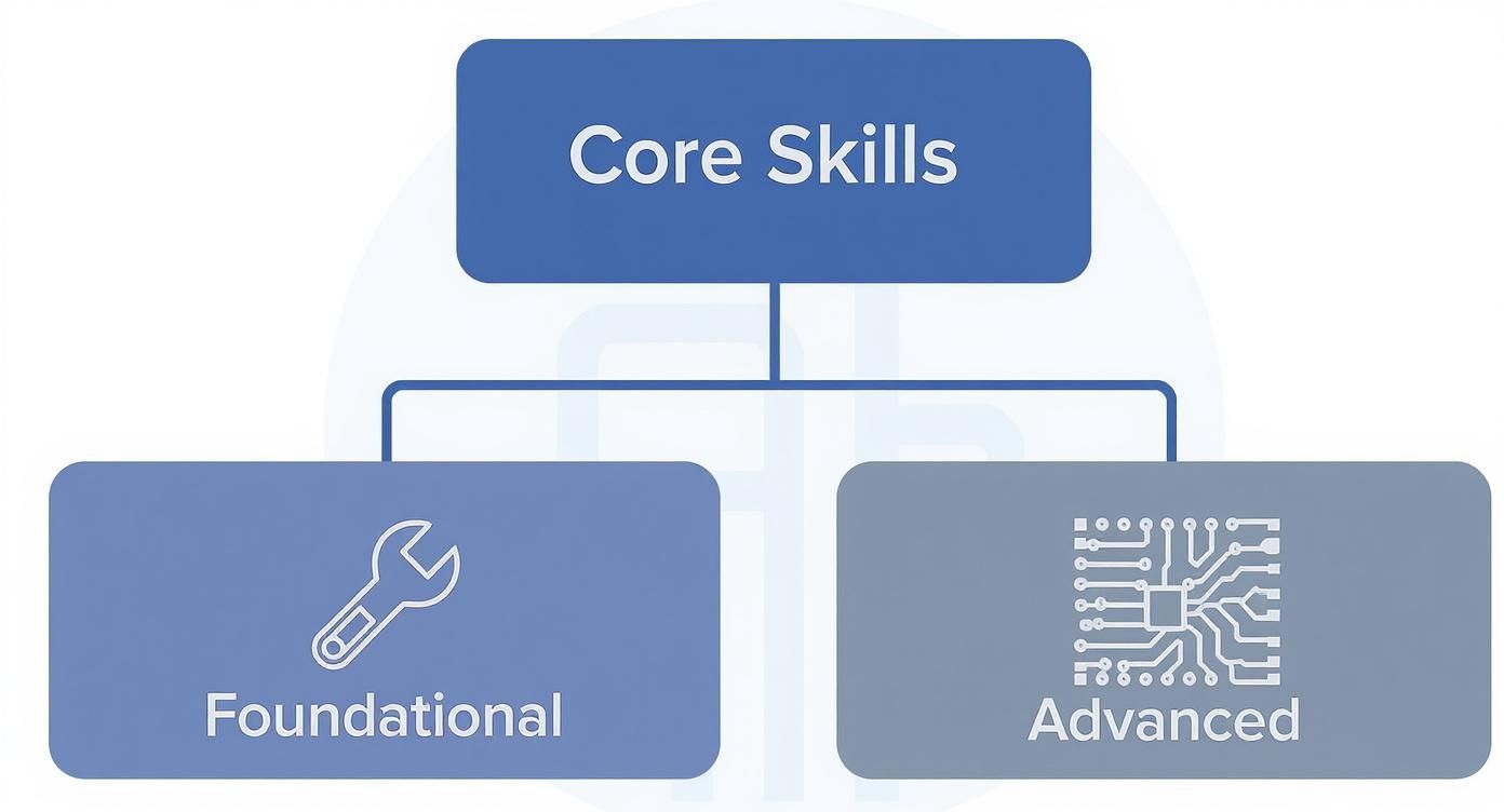 A diagram illustrating core skills broken down into foundational (wrench) and advanced (circuit board) categories.