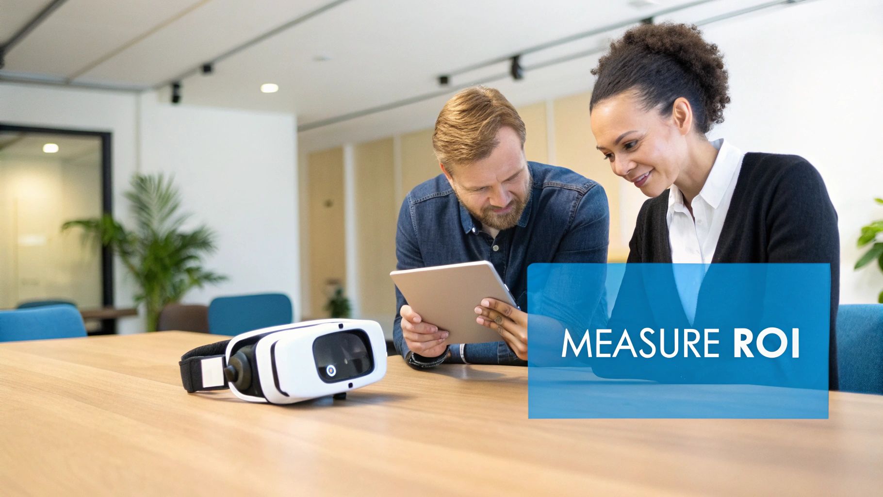 Business professionals reviewing VR headset and tablet discussing ROI measurement for virtual reality applications