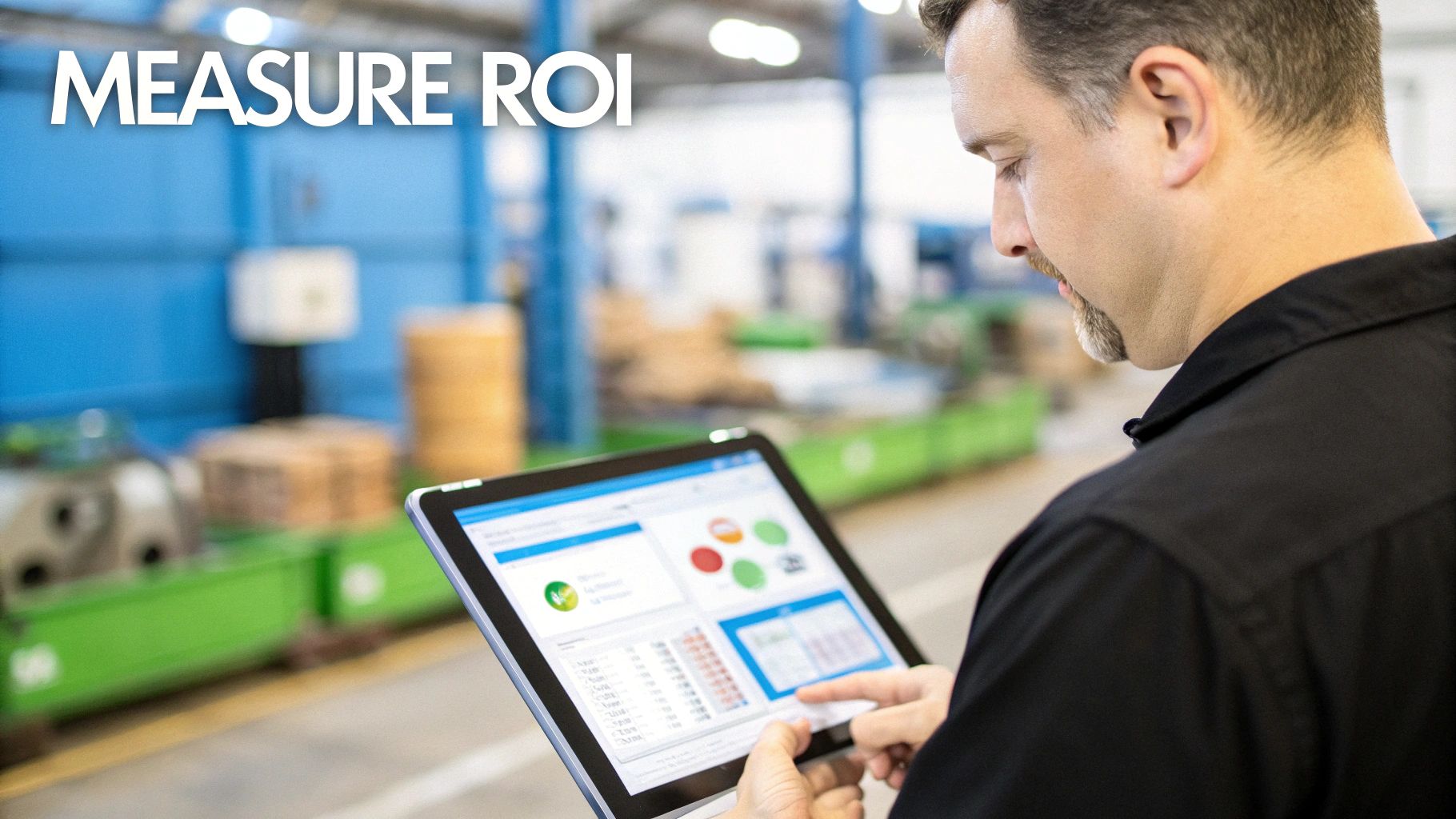 A man in a factory uses a tablet to review data and measure ROI, optimizing operations.