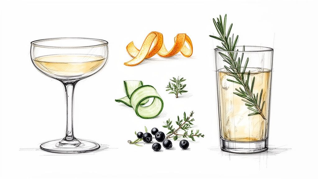 Ręcznie rysowane ilustracje dwóch koktajli, skórki pomarańczy, ogórka, rozmarynu, tymianku i jagód na białym tle.