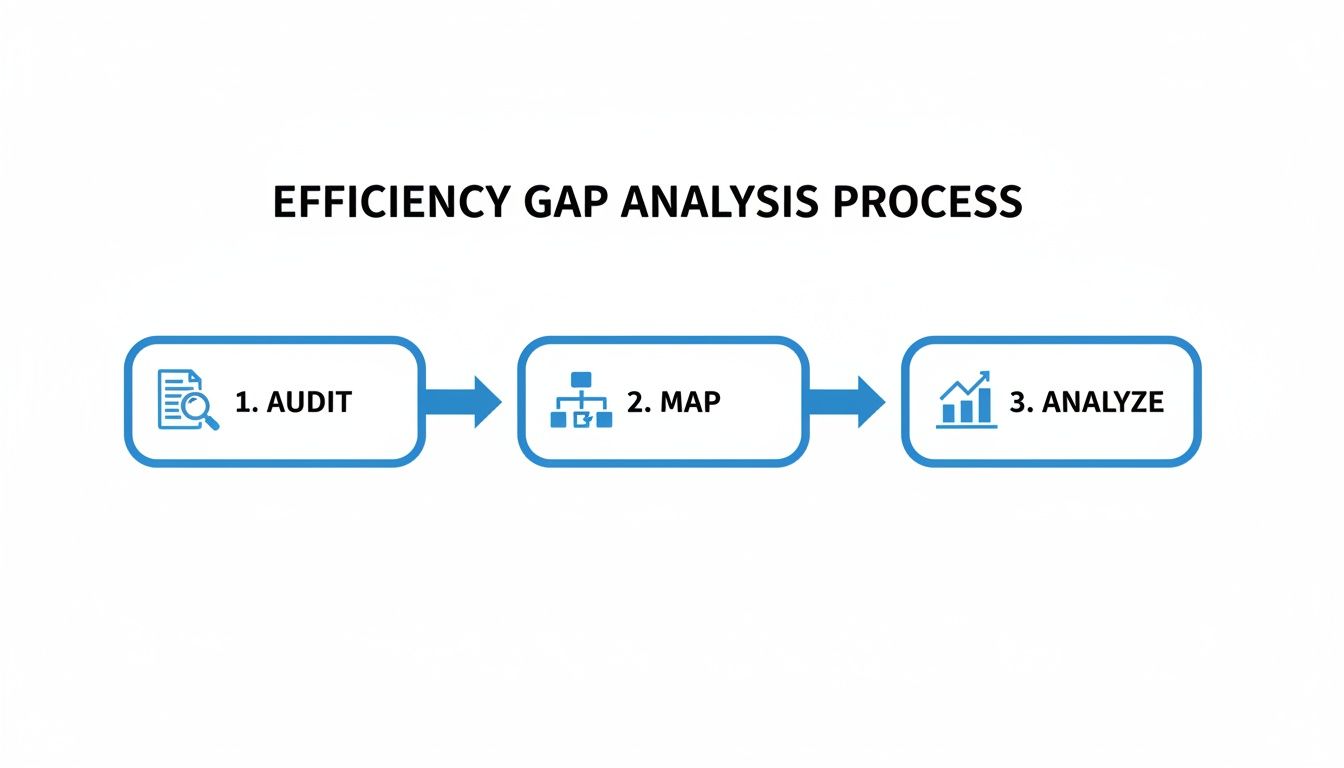 A visual representation of the efficiency gap analysis process showing three key steps: Audit, Map, and Analyze.