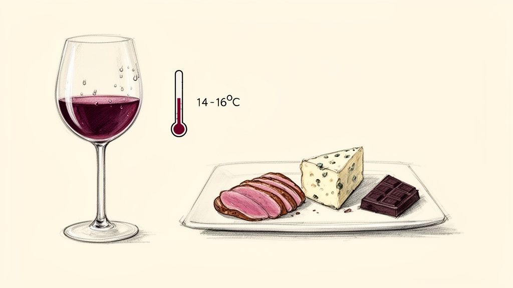 Czerwone wino w kieliszku obok termometru (14-16°C), a na talerzu kaczka, ser pleśniowy i czekolada.
