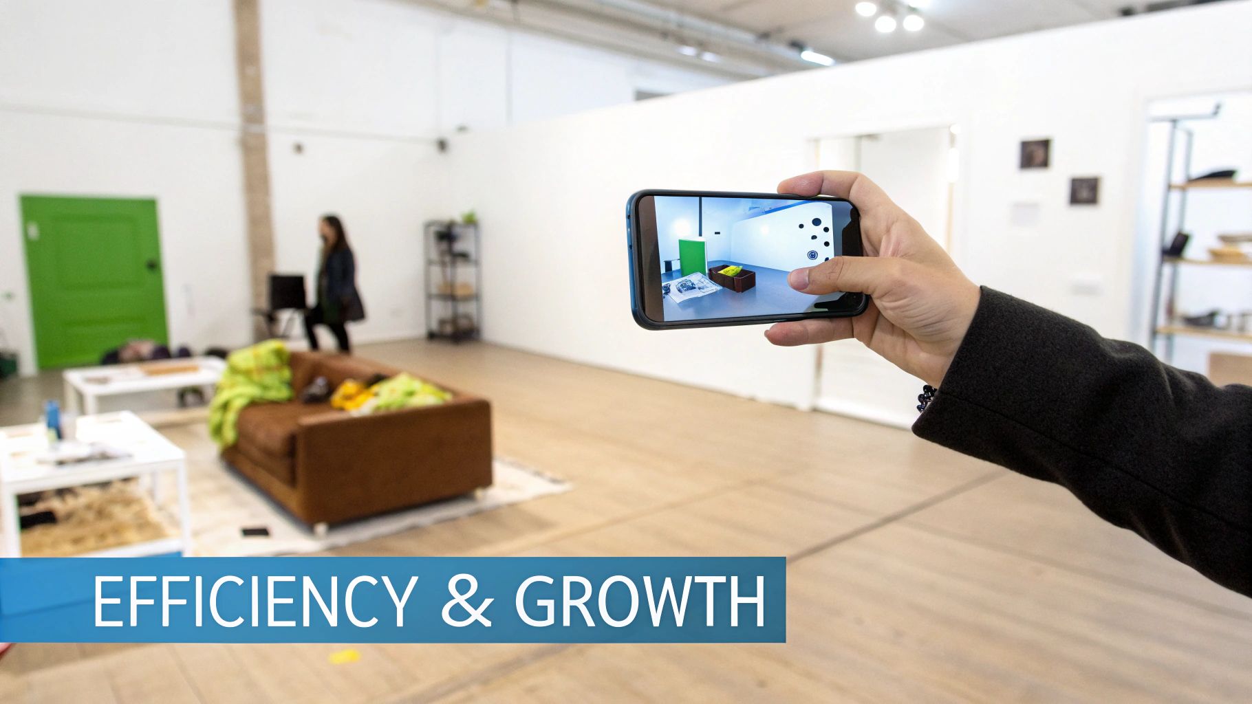 A person interacting with an AR display that shows data overlays on a physical object, illustrating business advantages.