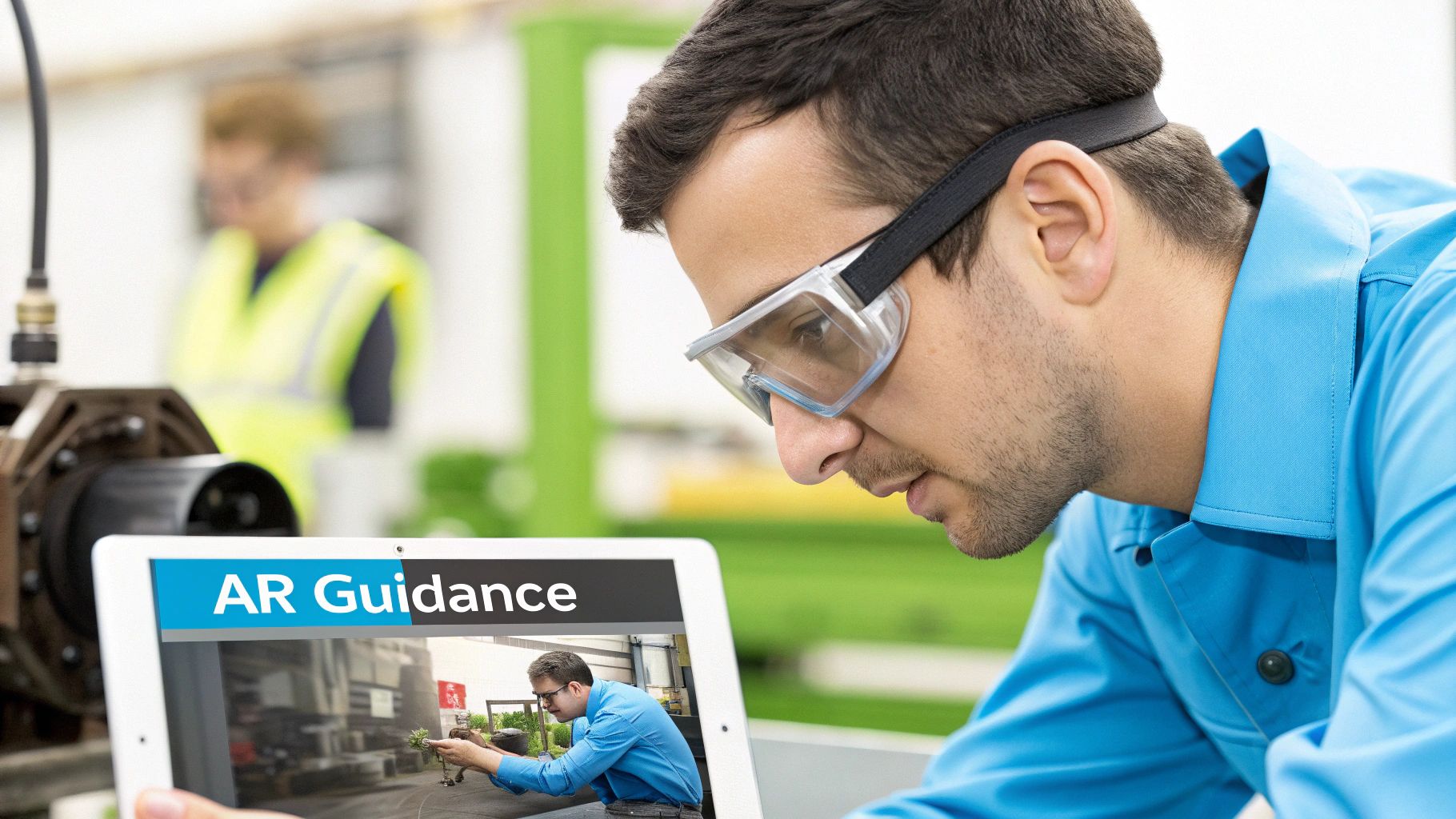 Man in safety goggles using a tablet with AR guidance for industrial equipment repair.