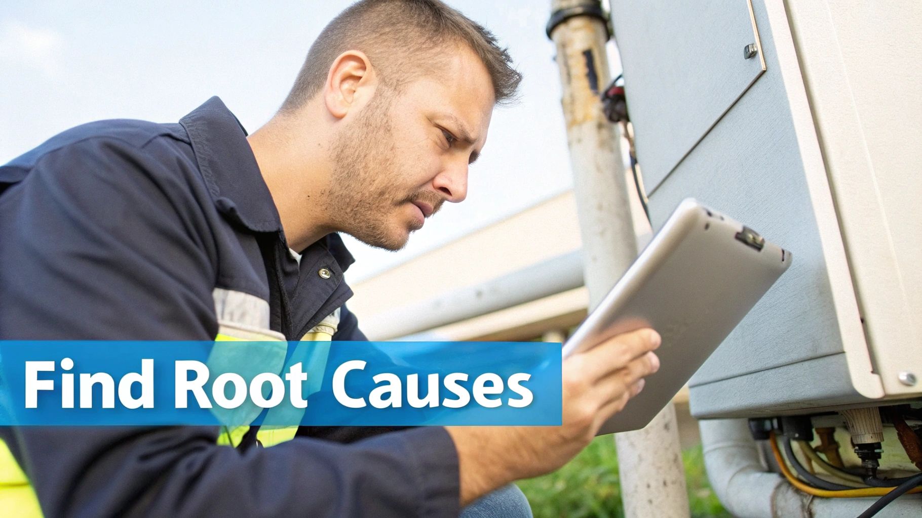 A male technician in uniform uses a tablet to diagnose issues with an outdoor electrical unit.