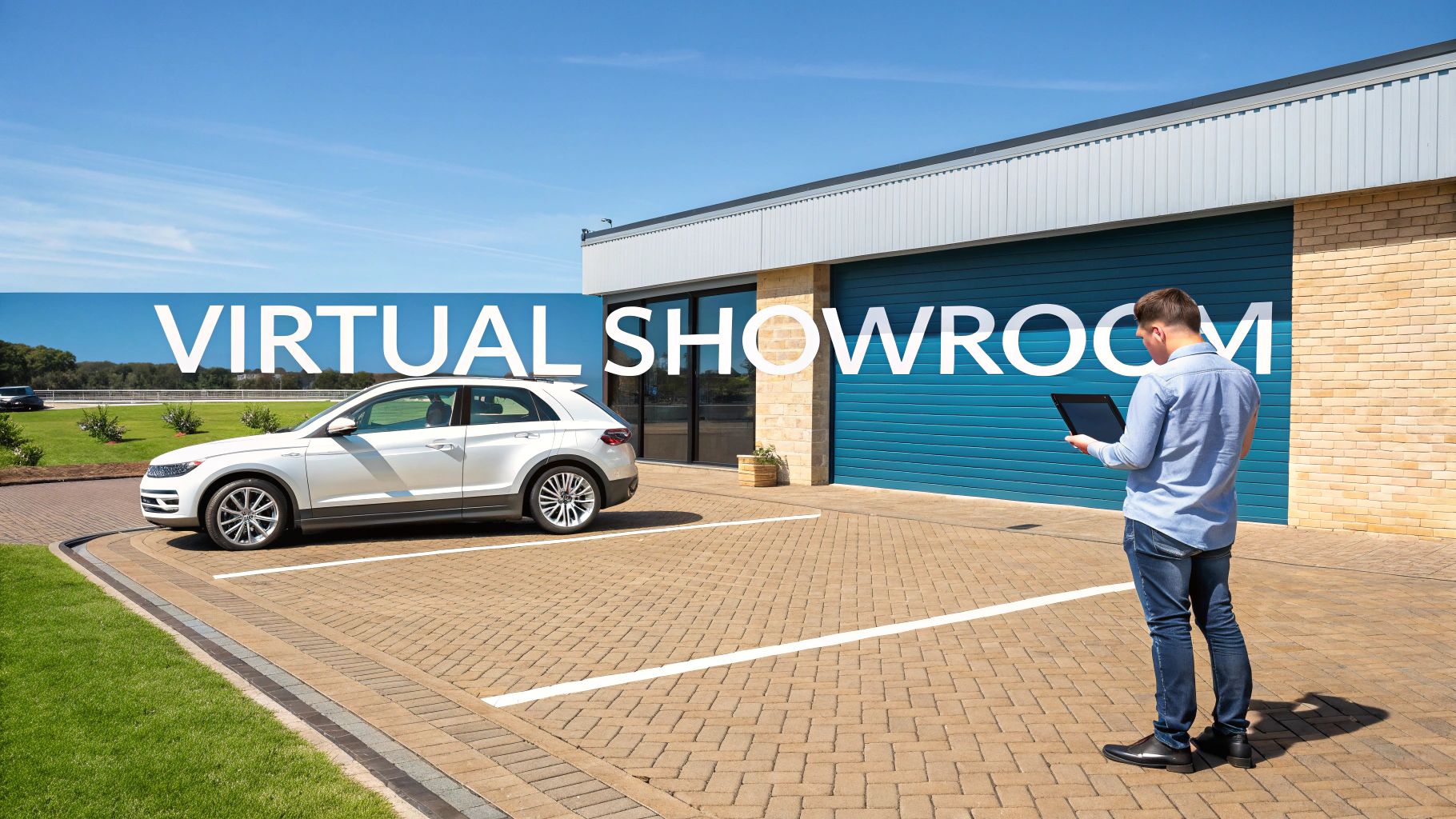 A person using a smartphone to view a photorealistic AR car in their driveway.