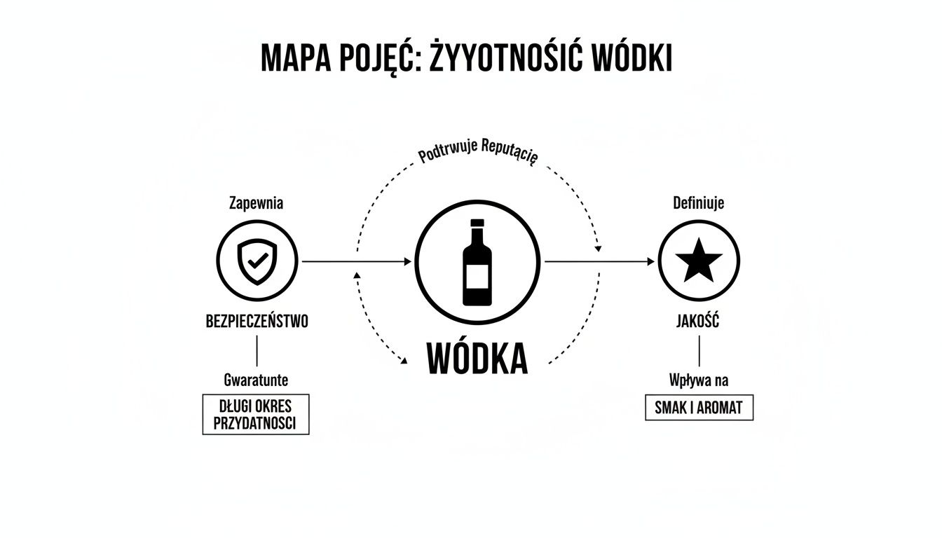 Schemat pojęć wyjaśniający żywotność wódki, jej bezpieczeństwo, jakość, wpływ na smak i reputację.