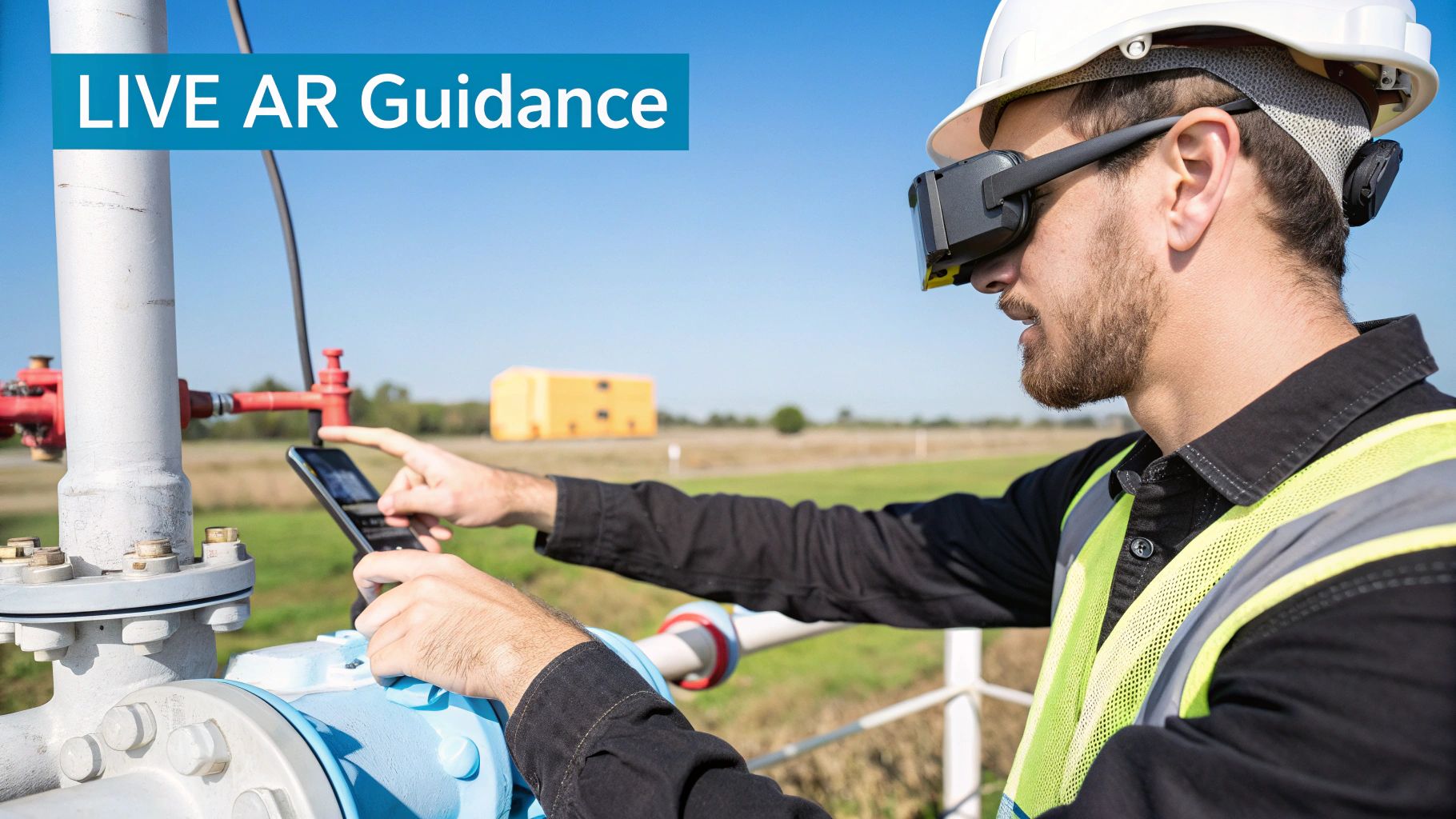 A man in a hard hat and AR glasses uses a smartphone near industrial pipes for live guidance.