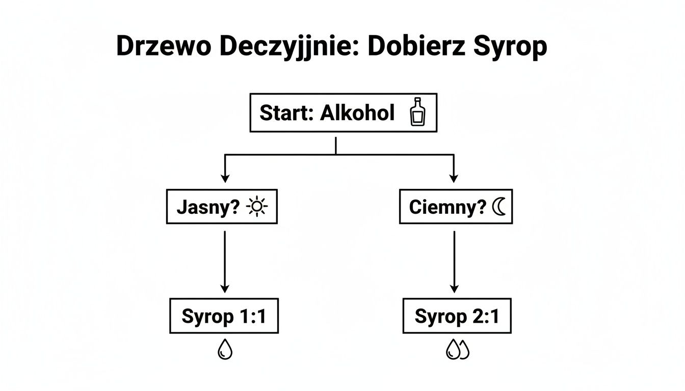 Drzewo decyzyjne do wyboru syropu cukrowego do drinków, w zależności od rodzaju alkoholu.