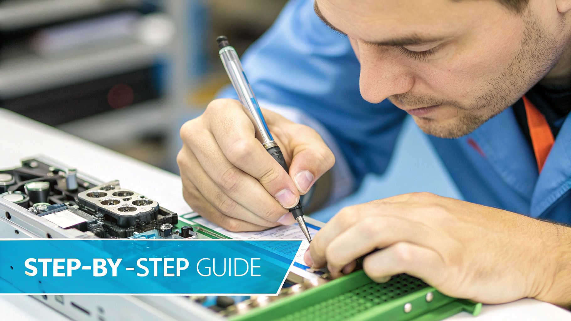 Man in blue shirt carefully working on electronics with a precision tool, guided by 'STEP-BY-STEP GUIDE' label.