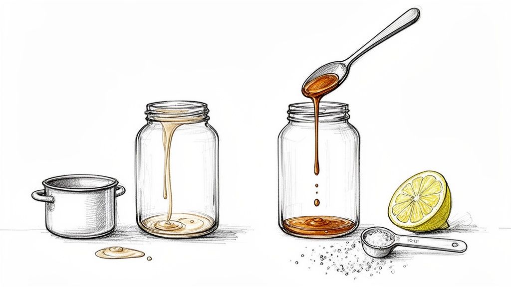 Szkic przedstawiający etapy przygotowania syropu cukrowego, z garnkiem, słoikami, płynem, cytryną i cukrem.