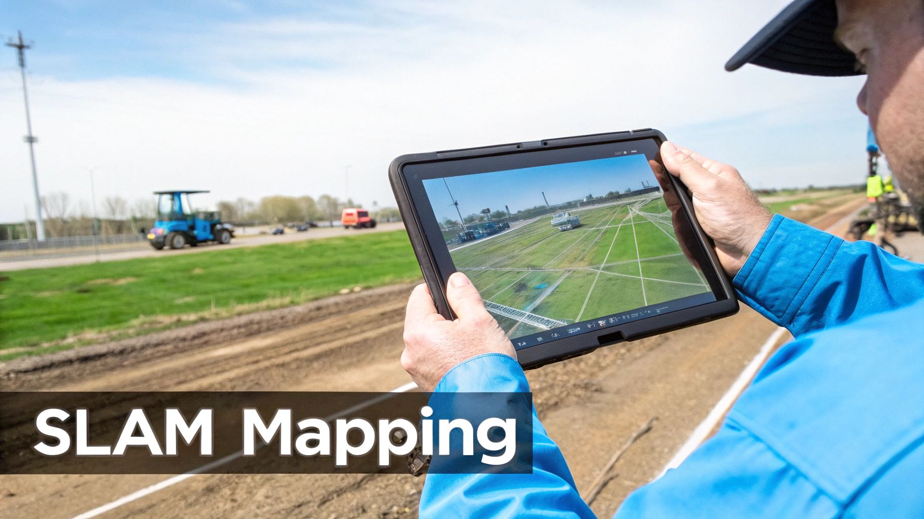 A person uses a tablet displaying SLAM mapping data overlaid on an outdoor construction or field site.
