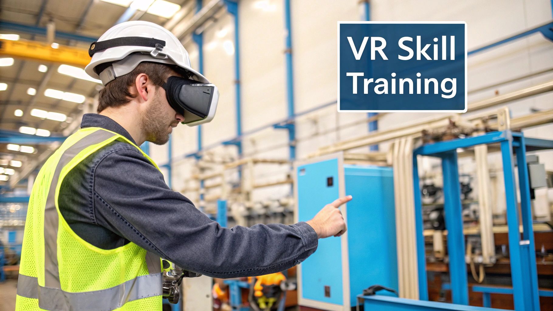 A factory worker using a VR headset for training purposes