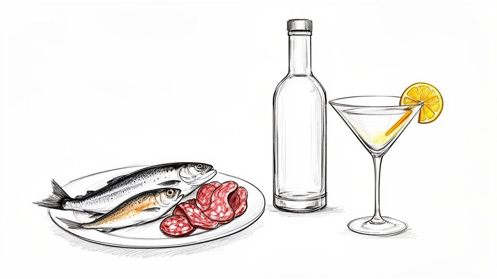 Szkic butelki wódki, kieliszka martini z cytryną, oraz talerza z rybami i salami.