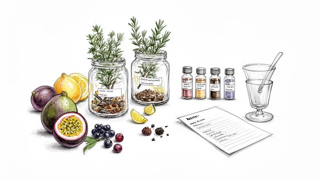 Zestaw do robienia nalewek: świeże owoce, zioła, butelki, szklanki i przepis na białym tle.
