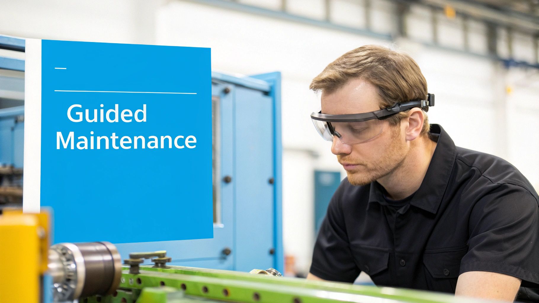 Technician wearing augmented reality smart glasses performing guided maintenance on industrial manufacturing equipment