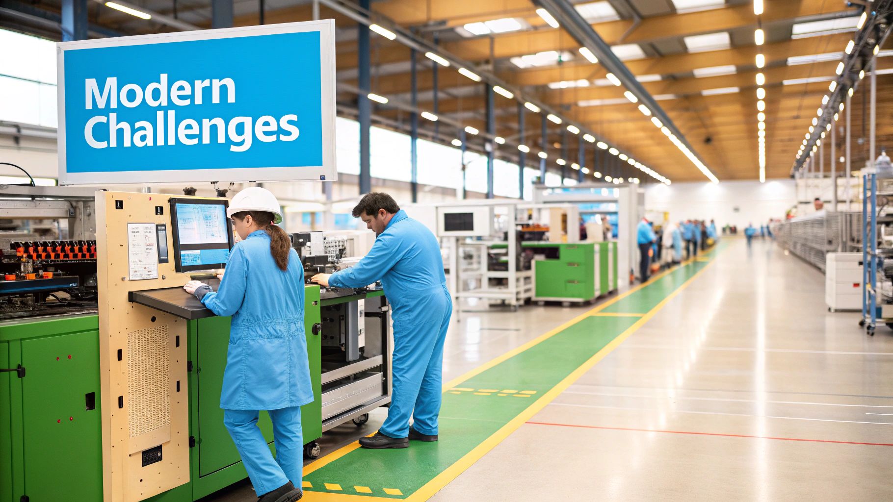 A modern factory floor with automated machinery and workers collaborating.