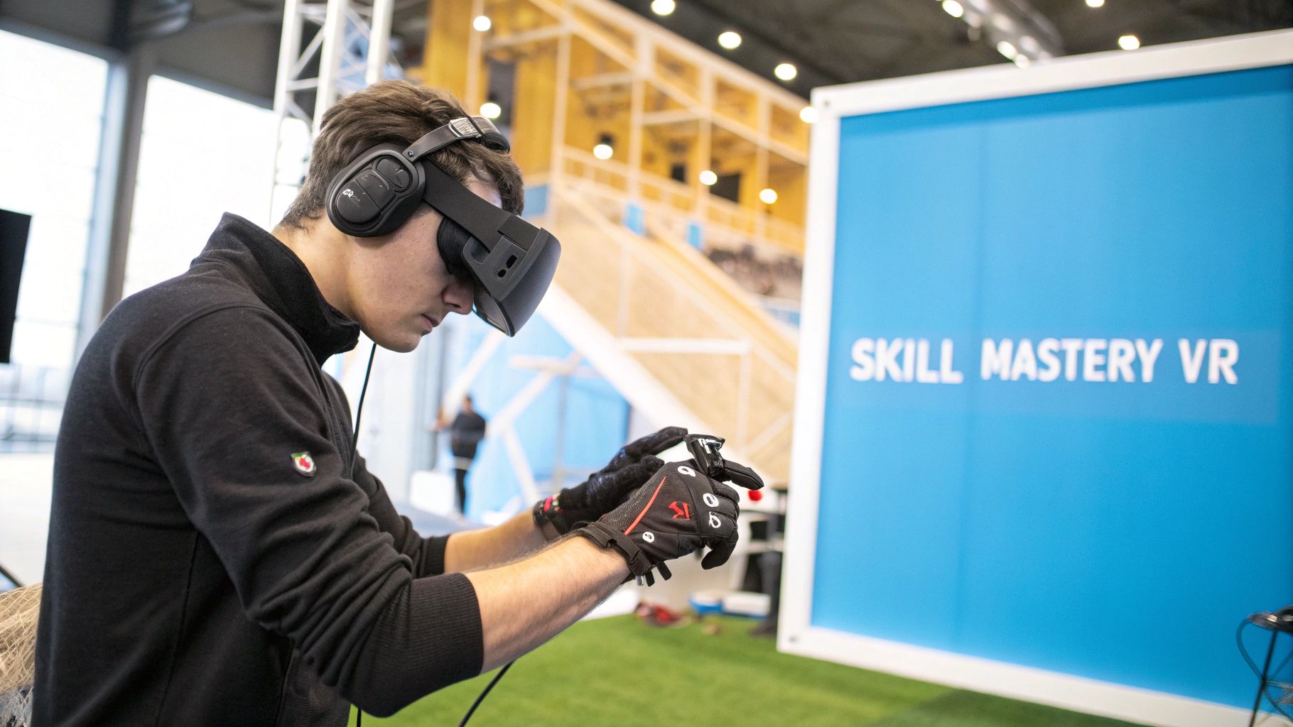 A person using a VR headset to practice a technical skill on a virtual machine.