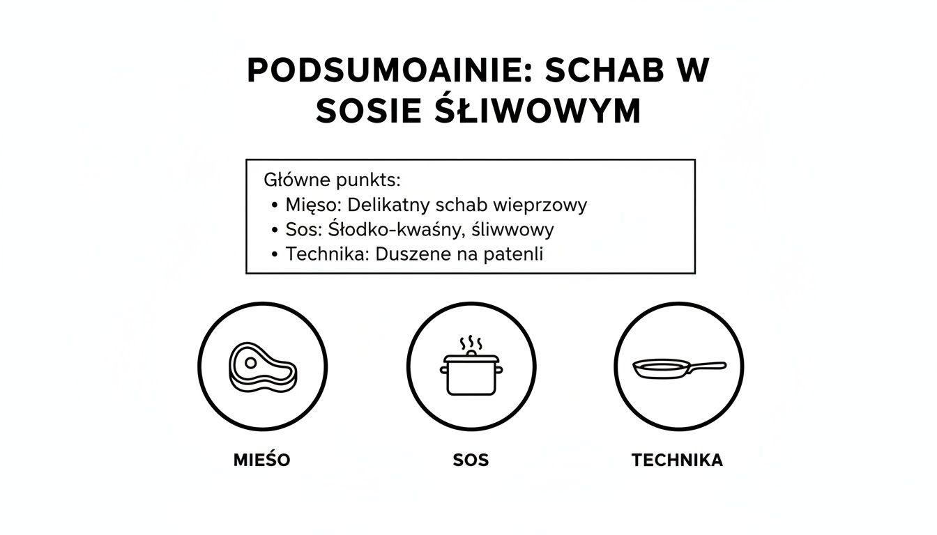 Podsumowanie przepisu na schab w sosie śliwkowym z głównymi punktami dotyczącymi mięsa, sosu i techniki przygotowania.