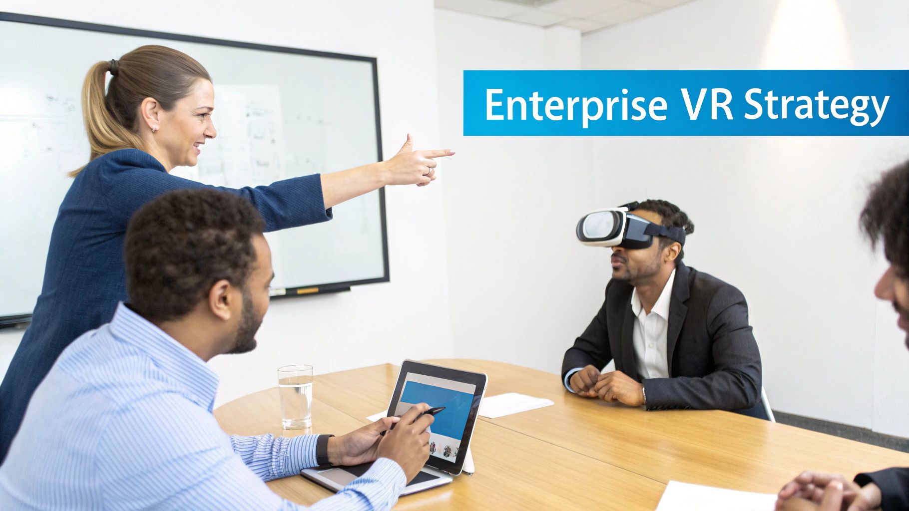 A diverse business team discusses an Enterprise VR Strategy, with one man wearing a VR headset.