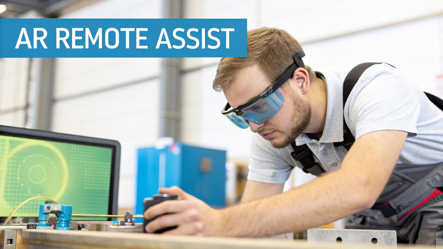 A man wearing AR smart glasses works on industrial equipment, supported by remote assist technology.