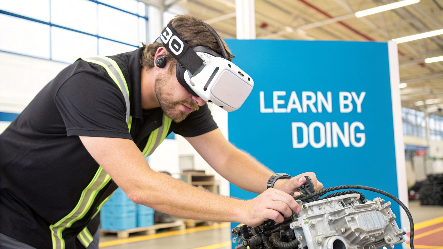 Man wearing a VR headset and safety vest, learning to assemble an engine, with a 'Learn by Doing' sign.