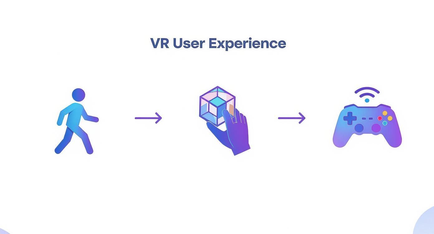 VR user experience flow diagram showing person, hand interaction with 3D object, and gaming controller