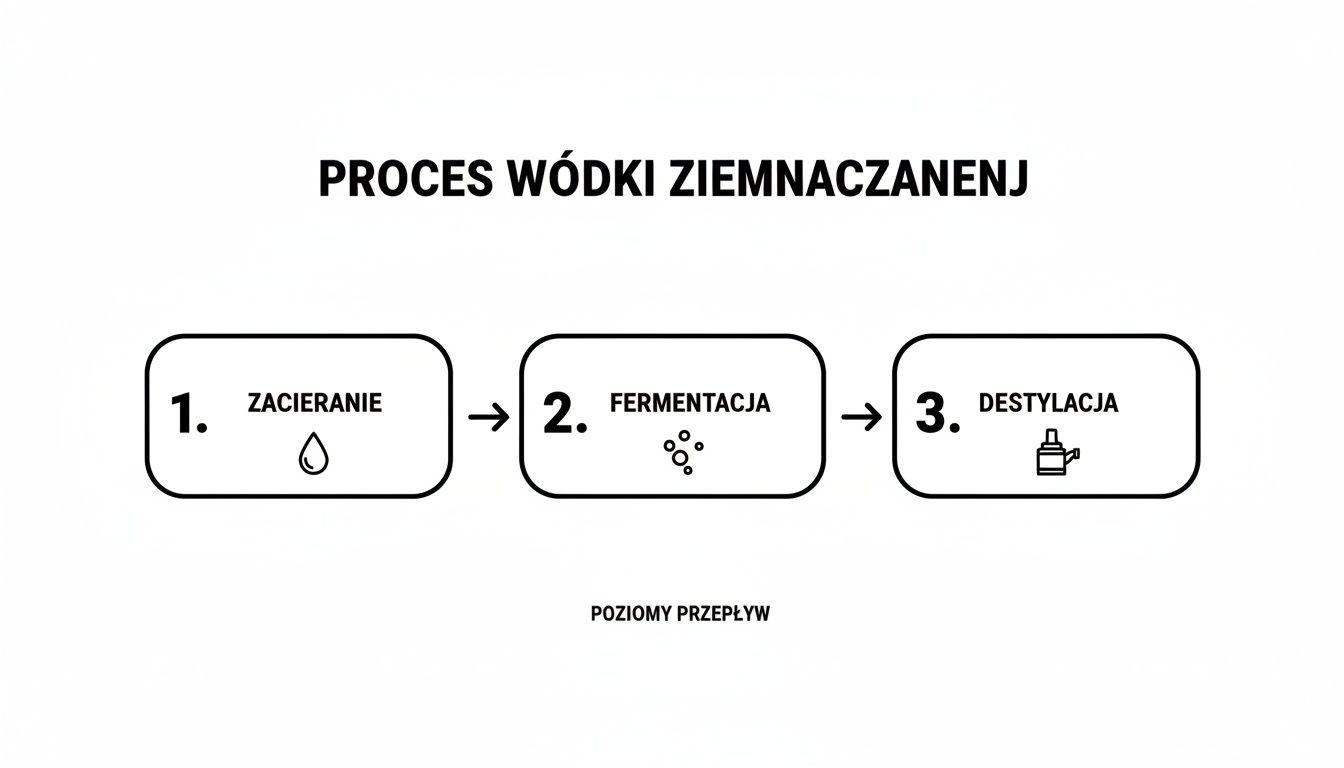 Diagram przedstawiający etapy produkcji wódki ziemniaczanej: zacieranie, fermentacja i destylacja.
