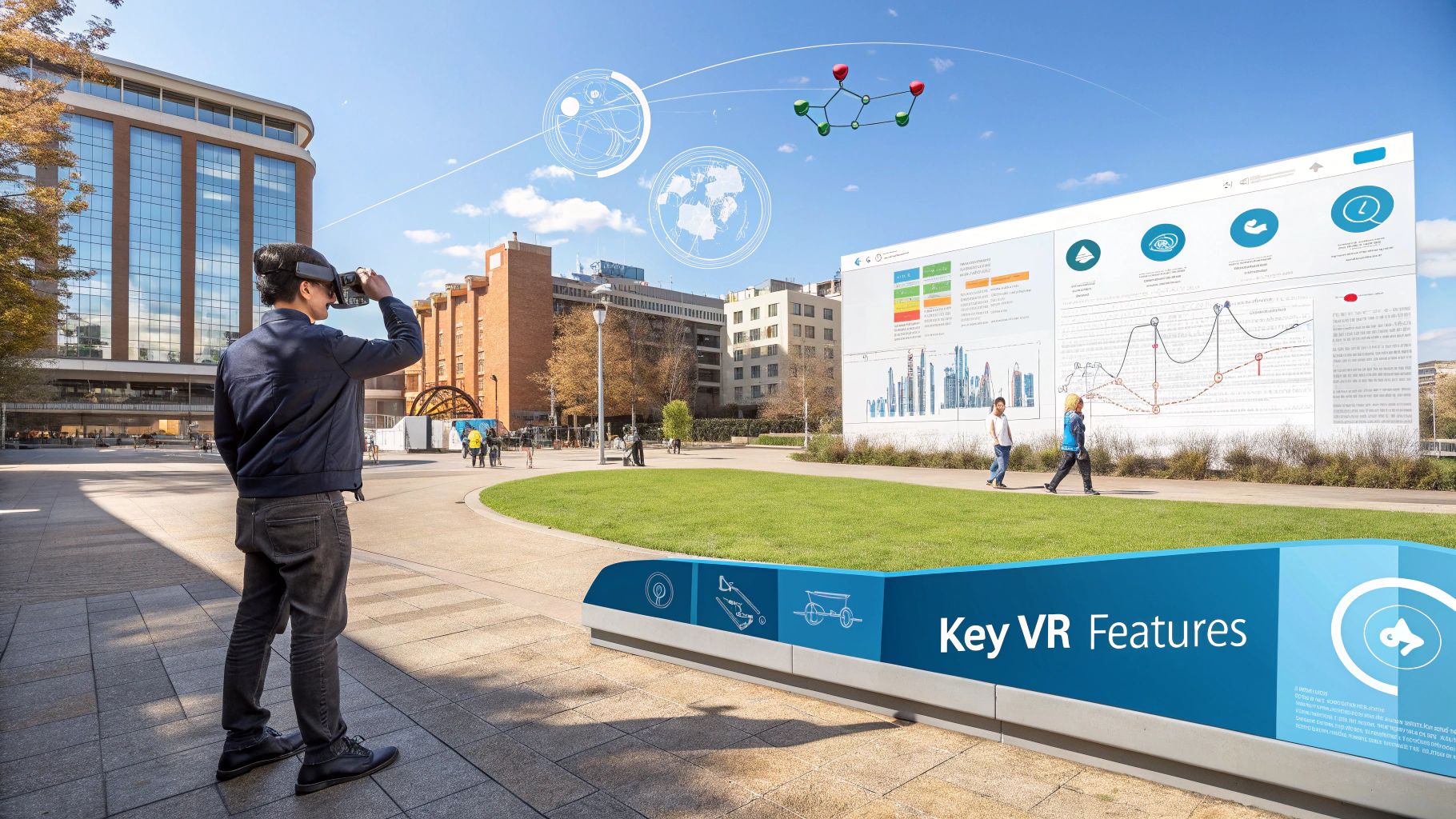 A team of professionals collaborating in a virtual reality meeting room, interacting with 3D models.