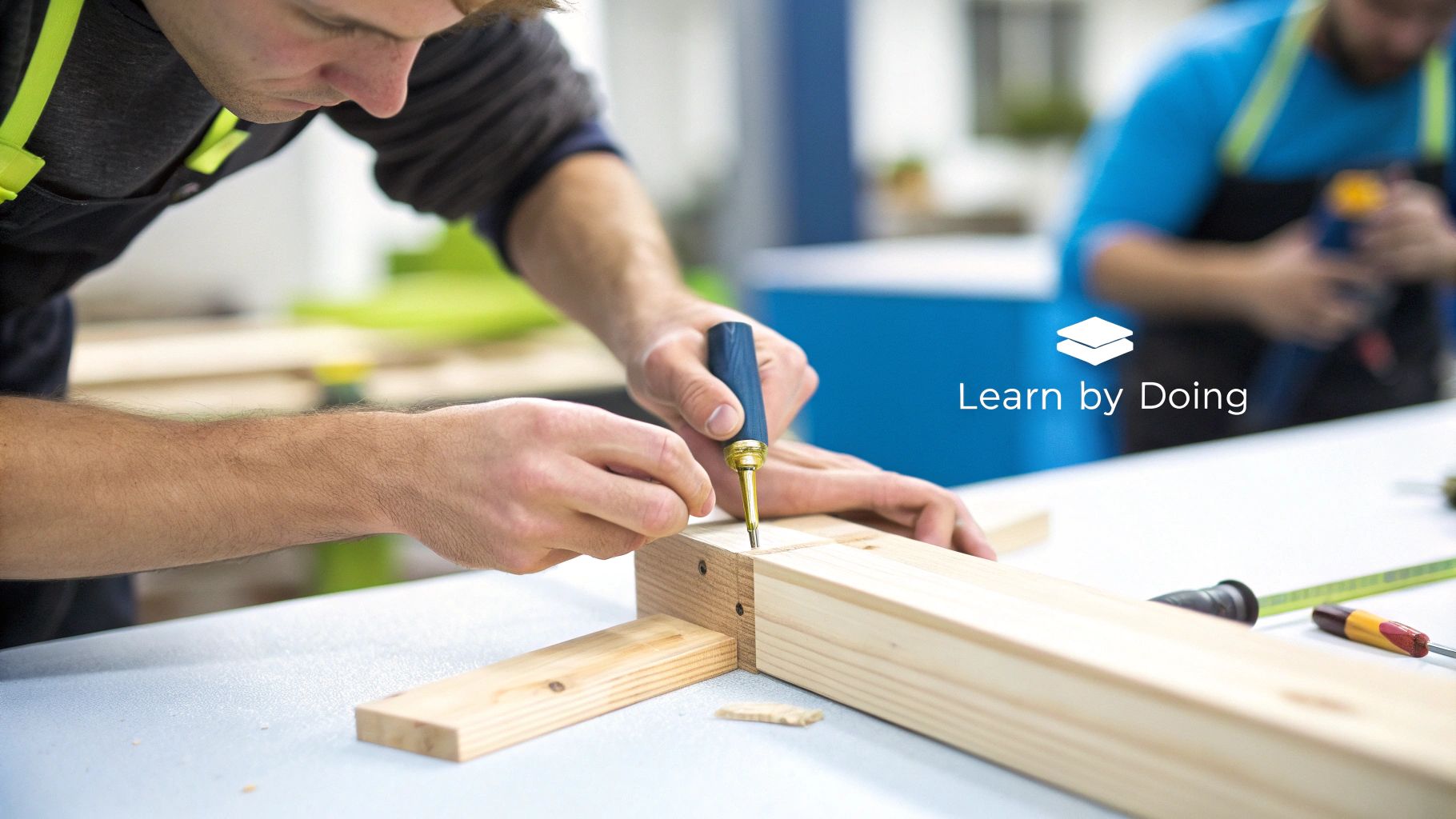 A man carefully marks a piece of wood with a punch tool, demonstrating hands-on woodworking.
