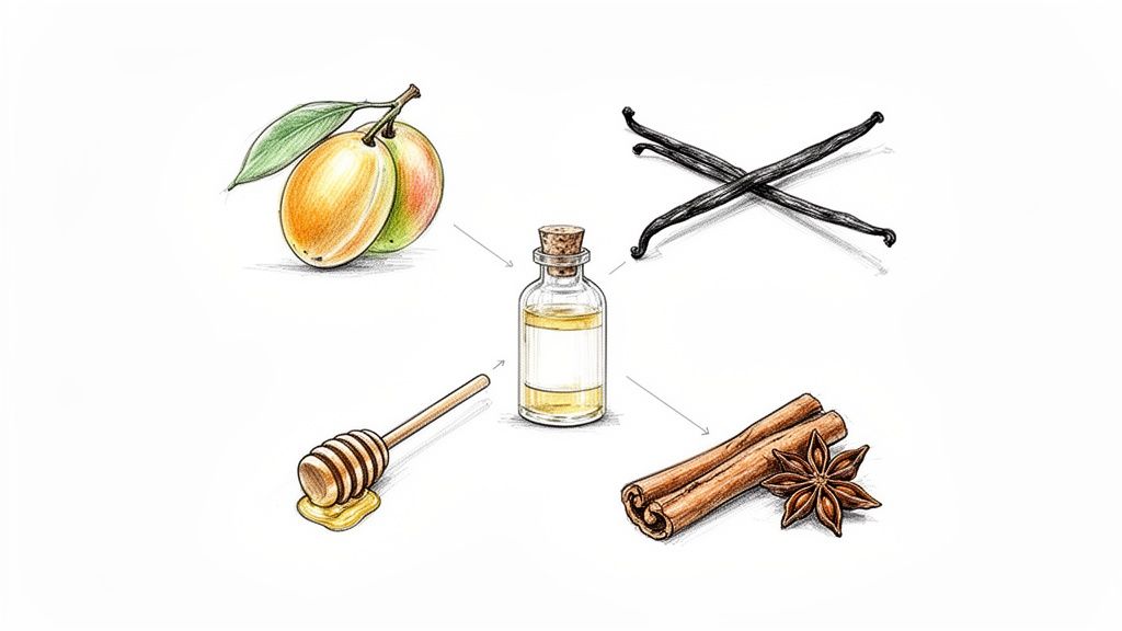 Ilustracja przedstawiająca składniki nalewki: mirabelki, laskę wanilii, miód, cynamon i anyż gwiazdkowy wokół butelki z płynem.