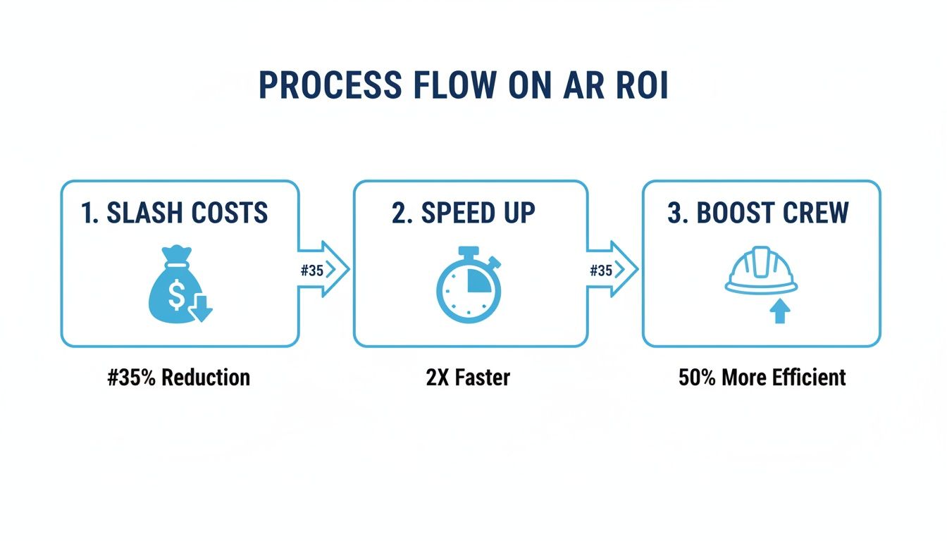 Process flow illustrating Augmented Reality (AR) ROI benefits: cost reduction, speed, and crew efficiency.