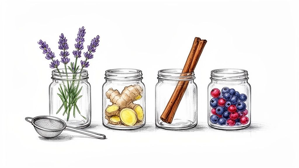 Ręcznie rysowane słoiki z lawendą, imbirem, cynamonem, jagodami i sitko na białym tle.