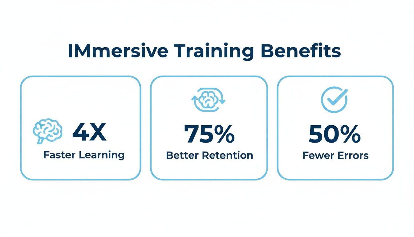 Infographic highlighting immersive training benefits: 4x faster learning, 75% better retention, and 50% fewer errors.