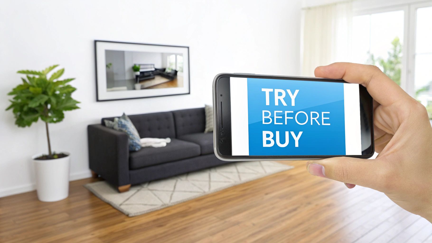 Person holding smartphone displaying try before buy text using augmented reality in furnished living room