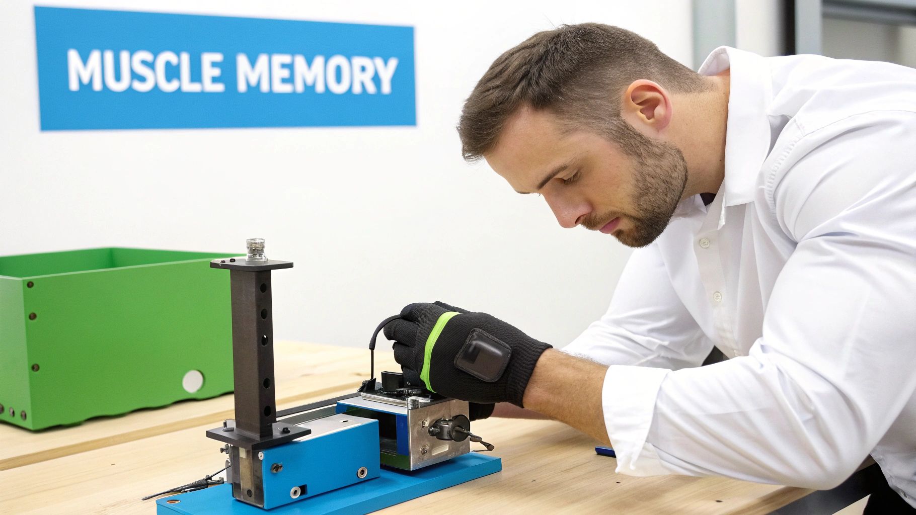 A man in a white shirt and sensor glove works on a blue device, near a 'MUSCLE MEMORY' sign.