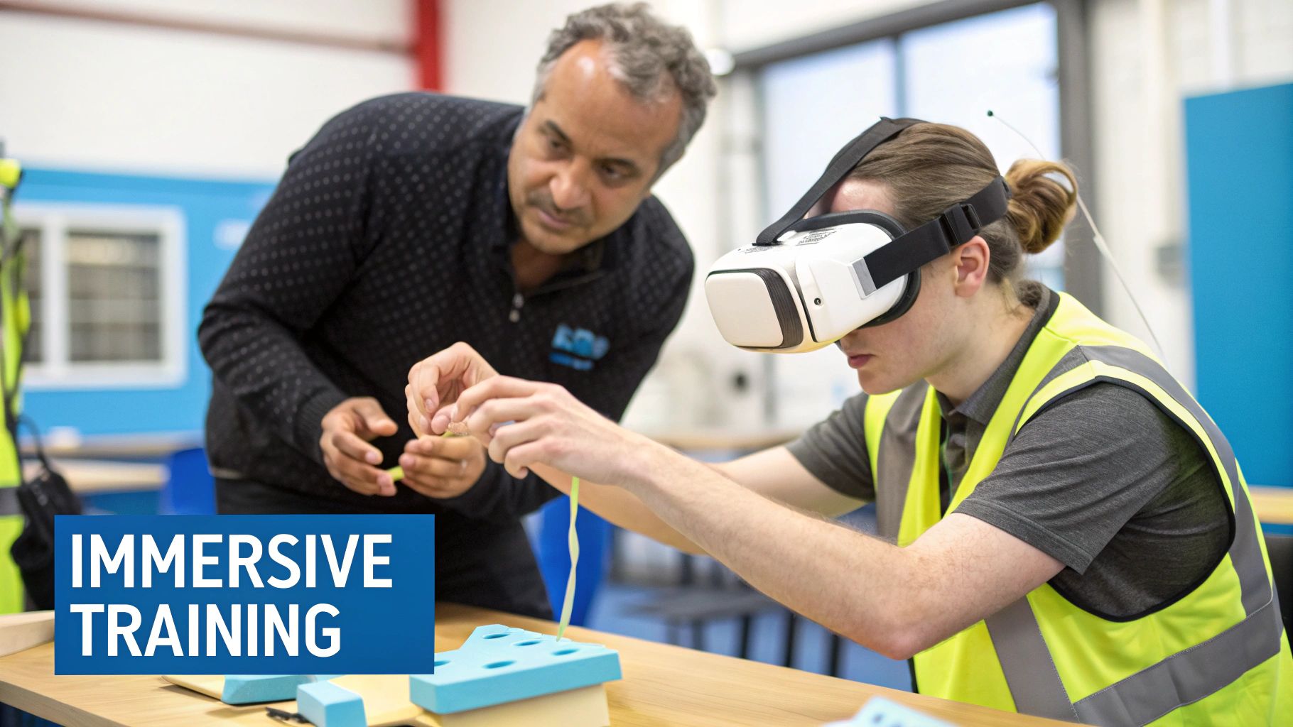 Man in VR headset and hi-vis vest engaged in hands-on immersive training, guided by a supervisor.