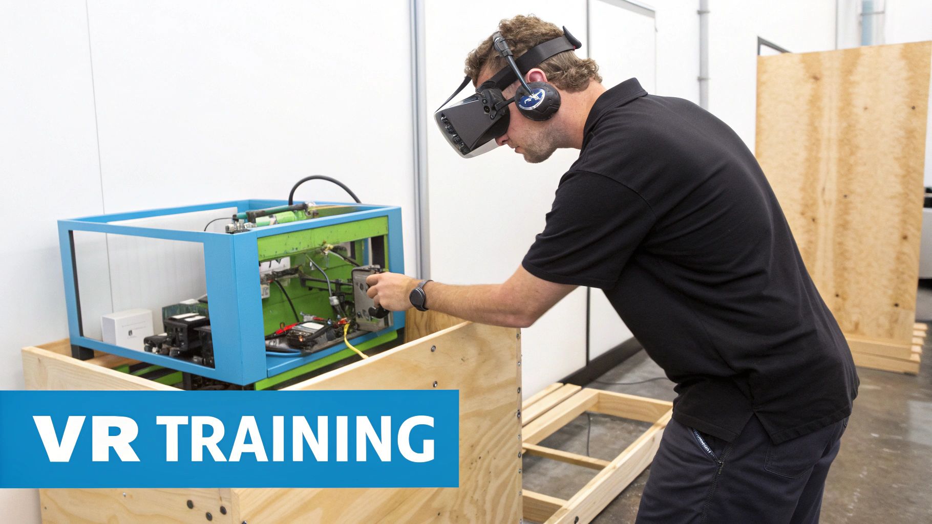 A person in a manufacturing setting using a VR headset for training.