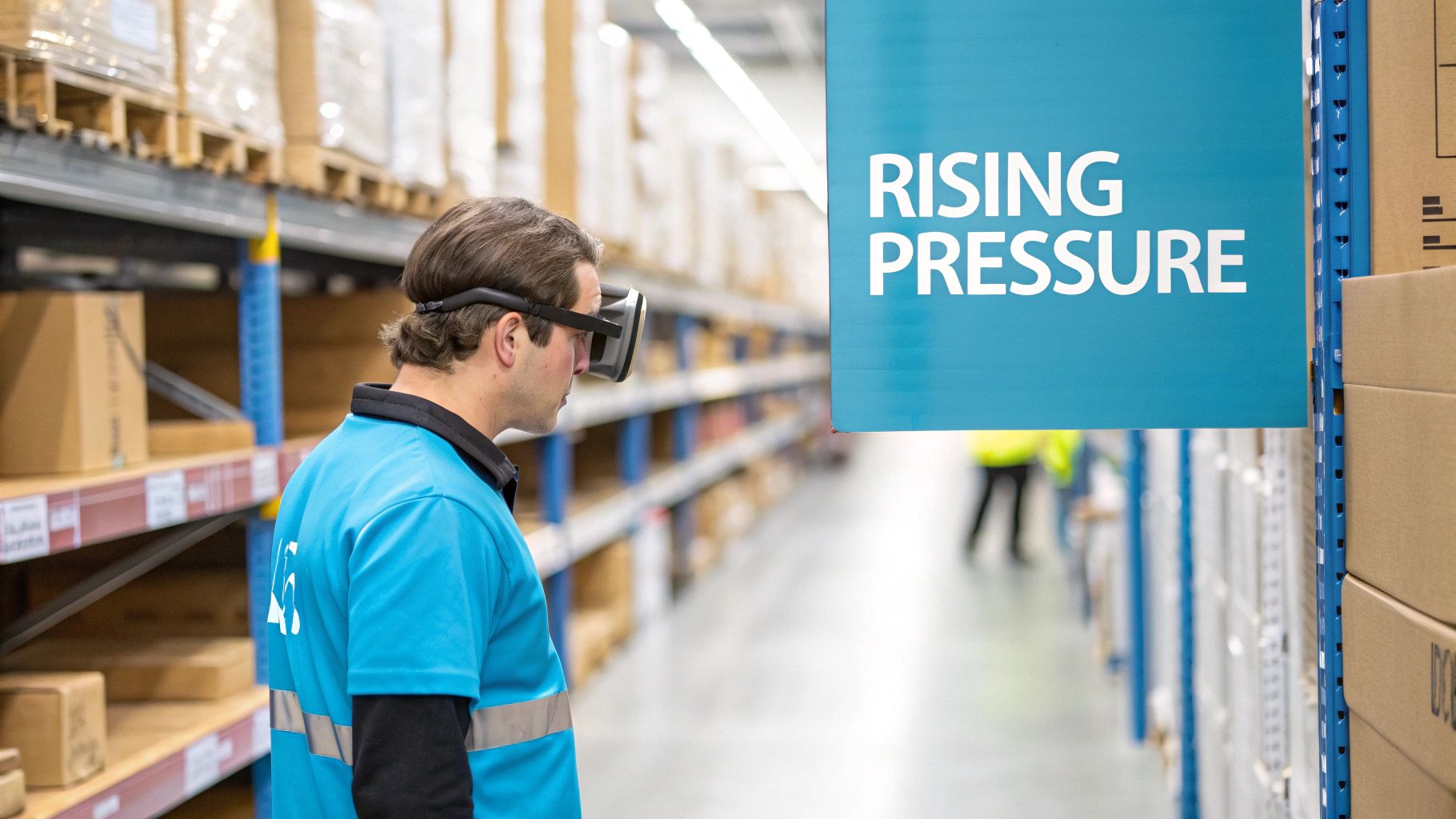 Warehouse worker in AR headset views 'Rising Pressure' sign amidst shelves of boxes.