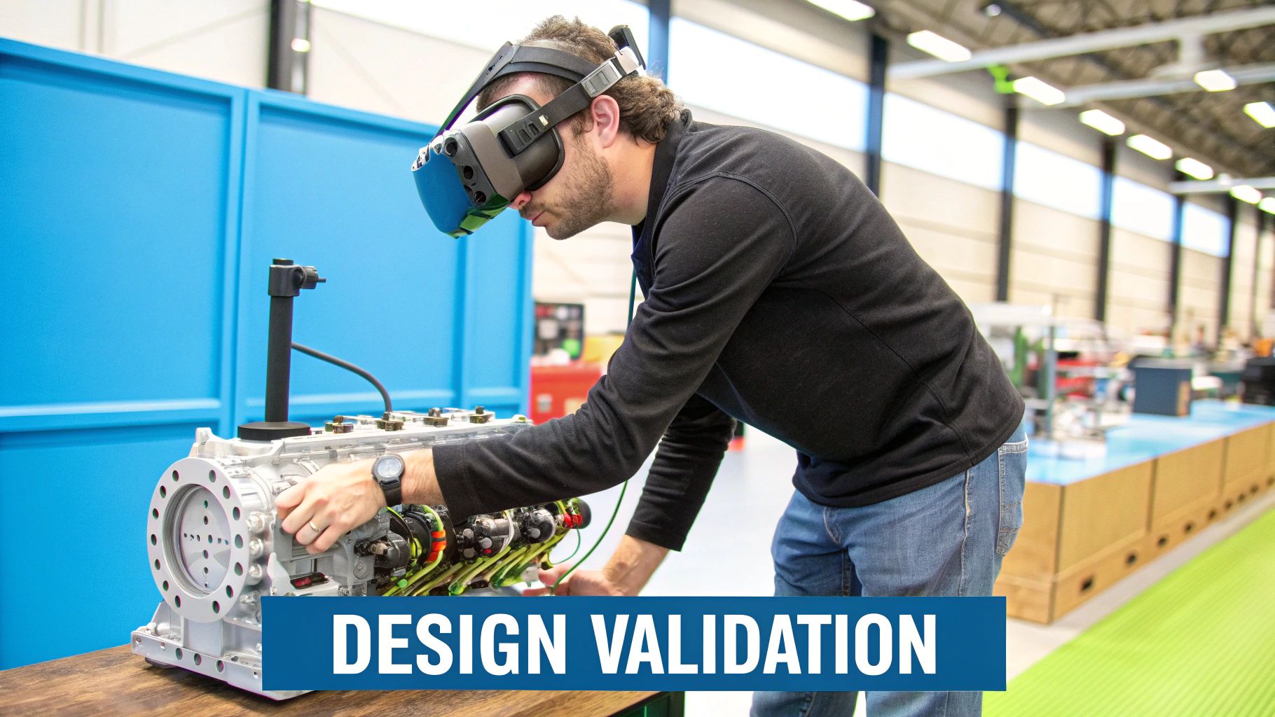 Engineers in a modern industrial setting using VR headsets to interact with a 3D model of a complex engine.