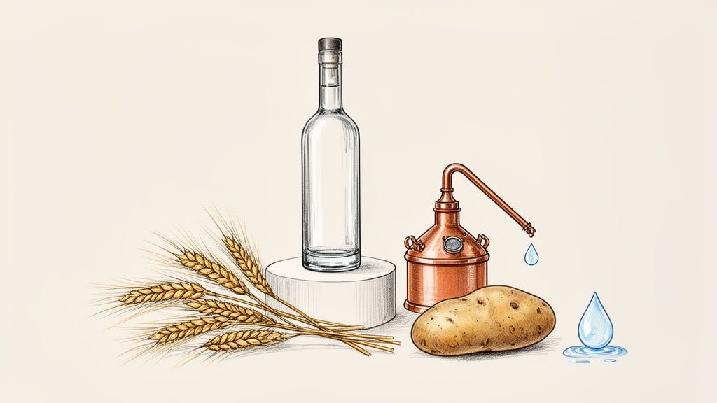 Ilustracja przedstawiająca składniki i proces produkcji wódki: pszenicę, ziemniaki, alembik, butelkę i krople wody.