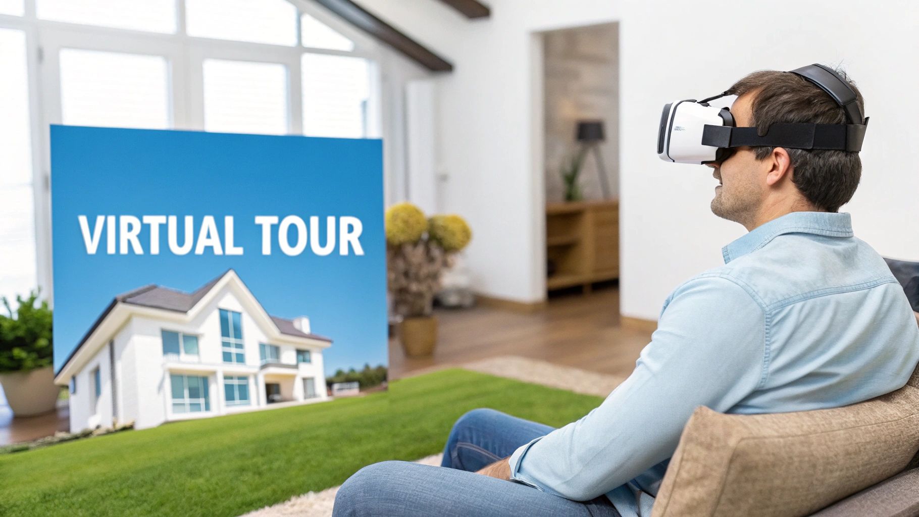 A man wearing a VR headset sits on a couch, experiencing a virtual tour of a modern house.