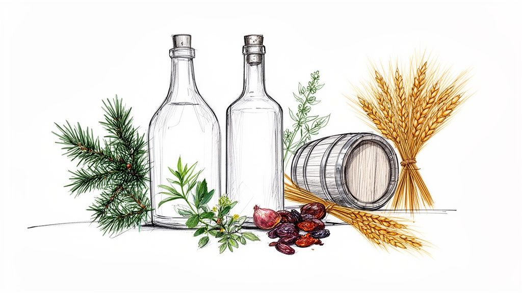 Ilustracja szkicu przedstawiająca składniki do produkcji alkoholu: butelki, zboże, zioła, beczka, cebula i suszone owoce.