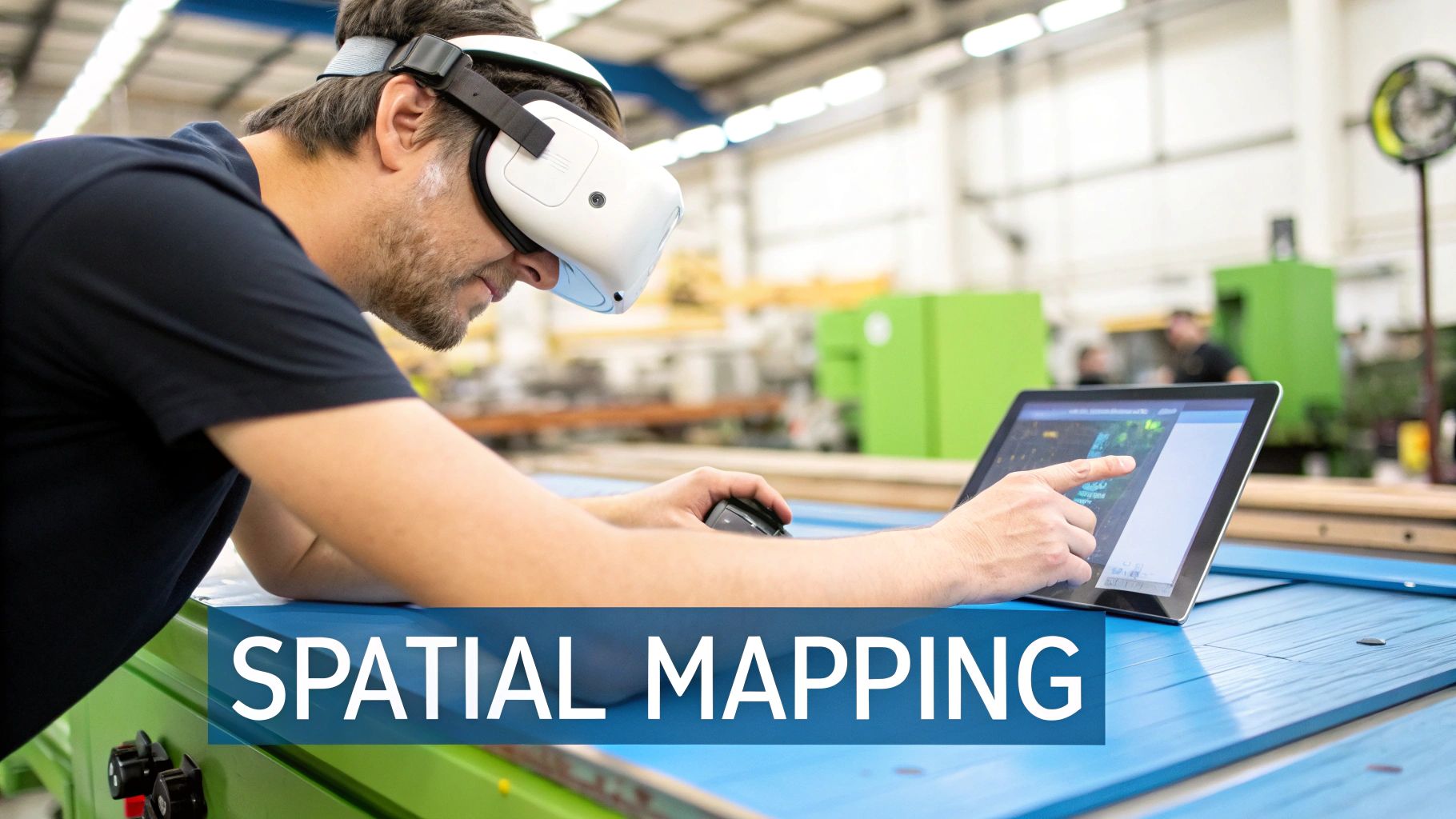 Worker using virtual reality headset and tablet for spatial mapping in industrial manufacturing facility