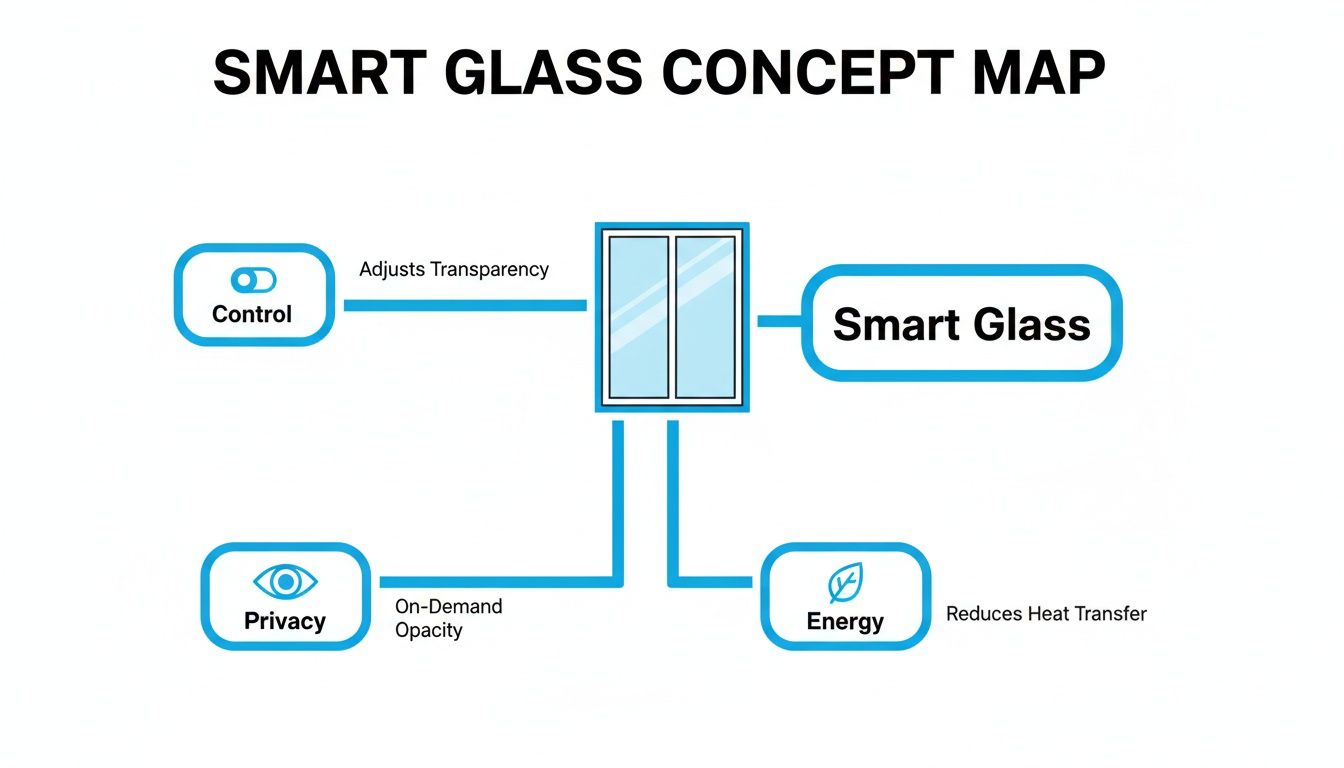 A concept map illustrating Smart Glass features: control, privacy, and energy efficiency.