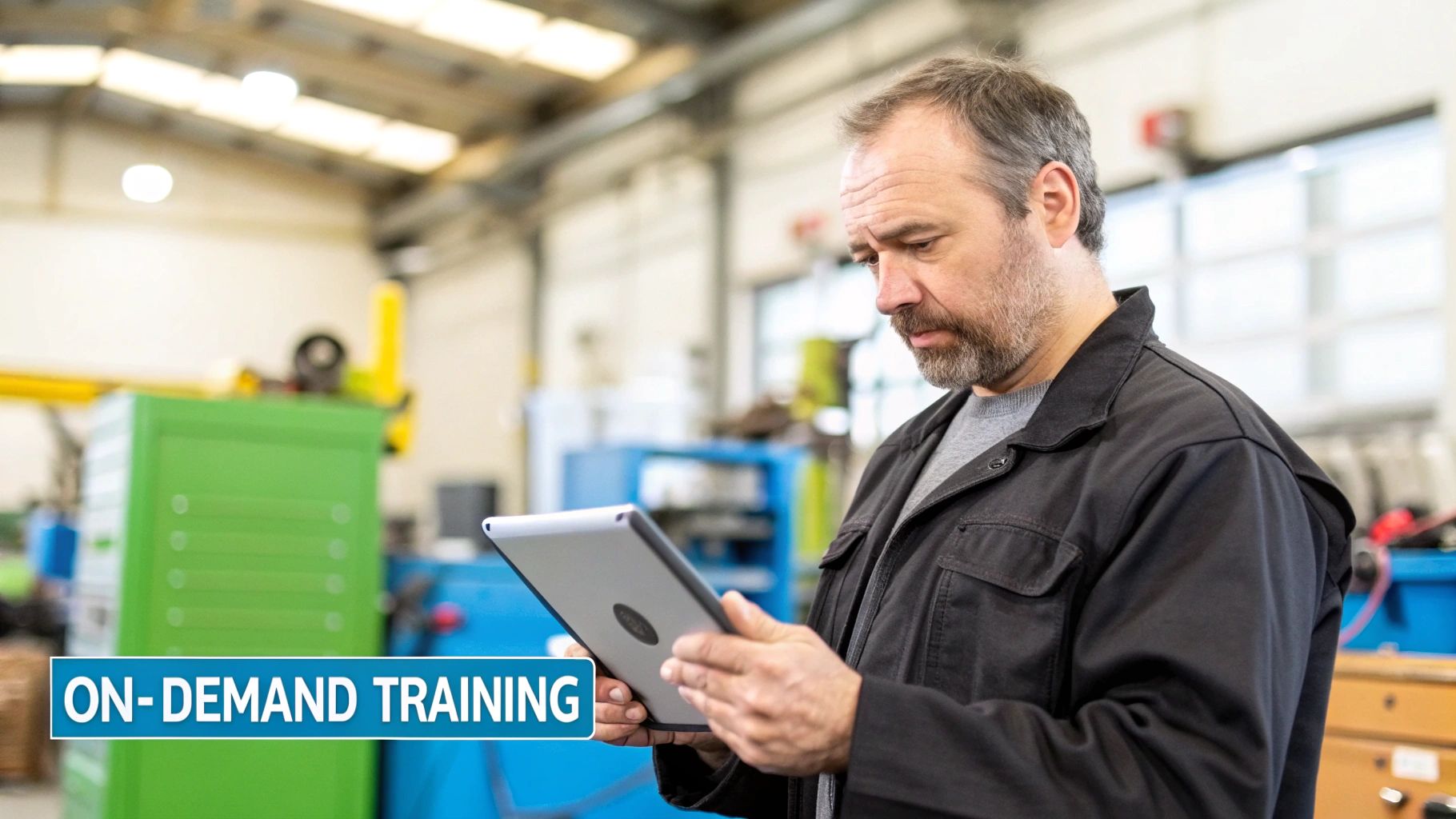 A man in a workshop uses a tablet, engaging in on-demand training for industrial work.