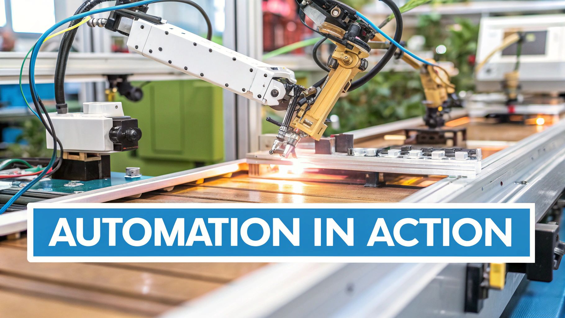 A robotic arm performs a precision manufacturing task on a component with sparks, showcasing industrial automation.