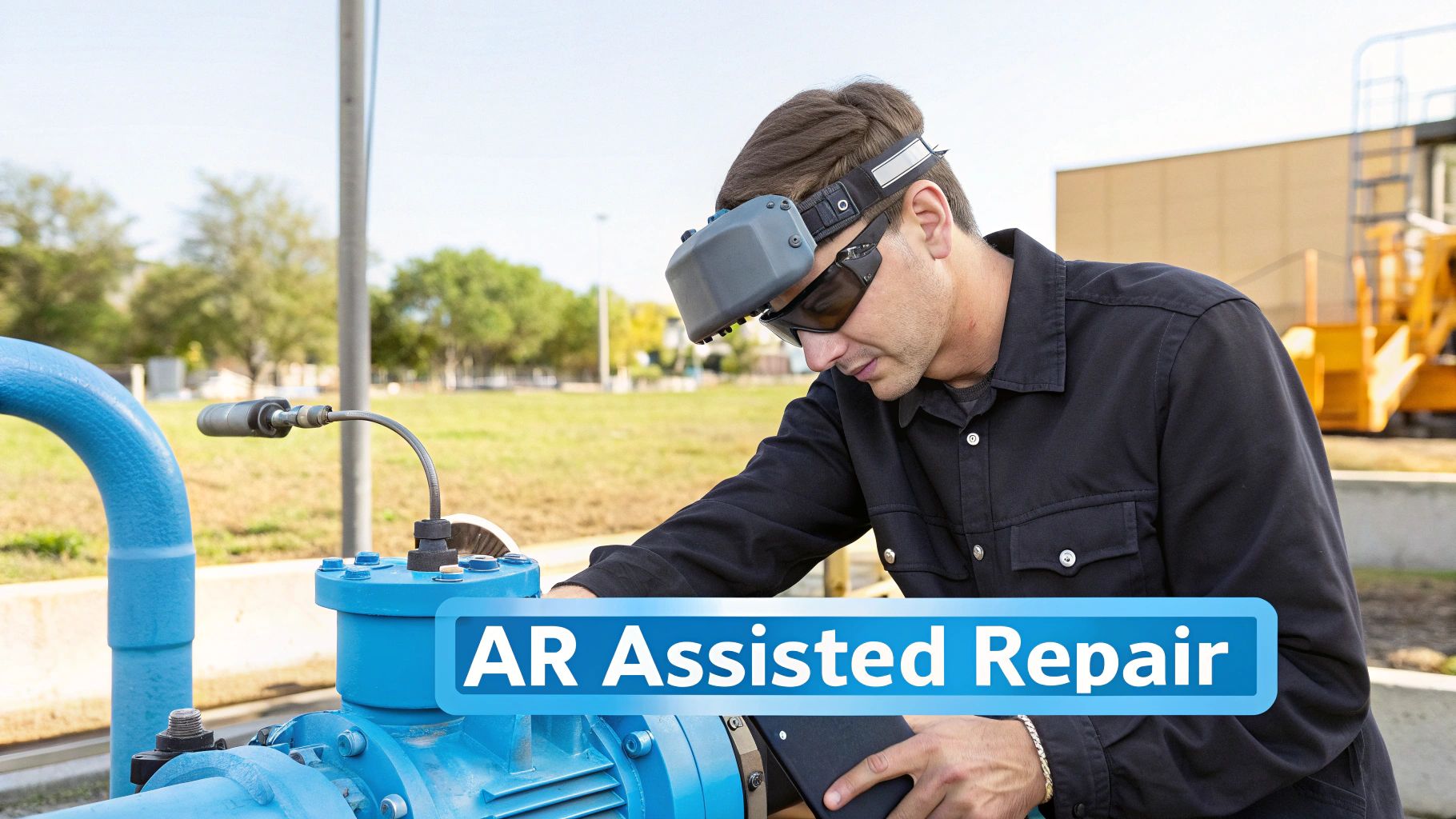 A technician wearing an AR headset to perform maintenance on industrial equipment.